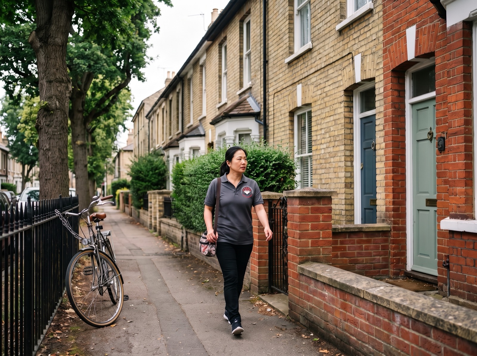 Cambridge Care Services carer in branded charcoal grey uniform arriving for a home care visit on a Cambridge terraced street
