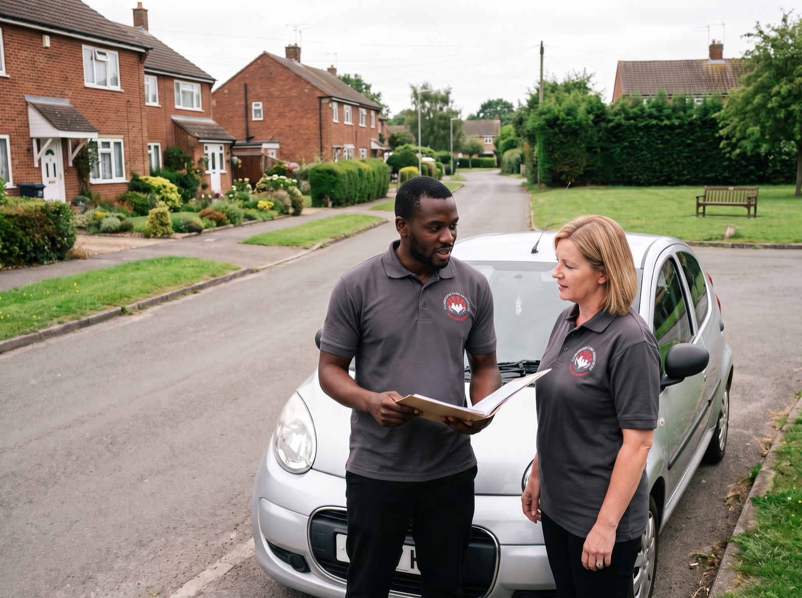 Cambridge Care Services carers meeting before home care visits on a village street in Sawston, Cambridgeshire