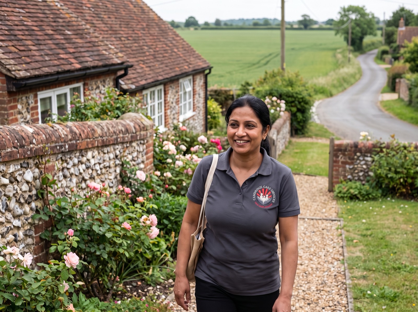Home carer arriving at a village cottage for a care visit in South Cambridgeshire