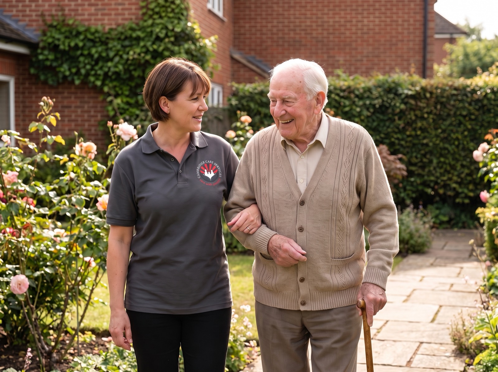 Cambridge Care Services carer in a charcoal grey branded uniform walking arm in arm with an elderly man through his garden in Cambridge